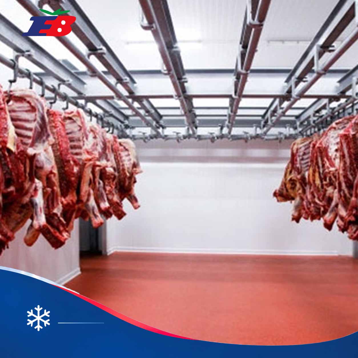 سردخانه صنعتی مجهز به سیستم ریلی سقفی برای نگهداری و آویزان کردن لاشه گوشت.